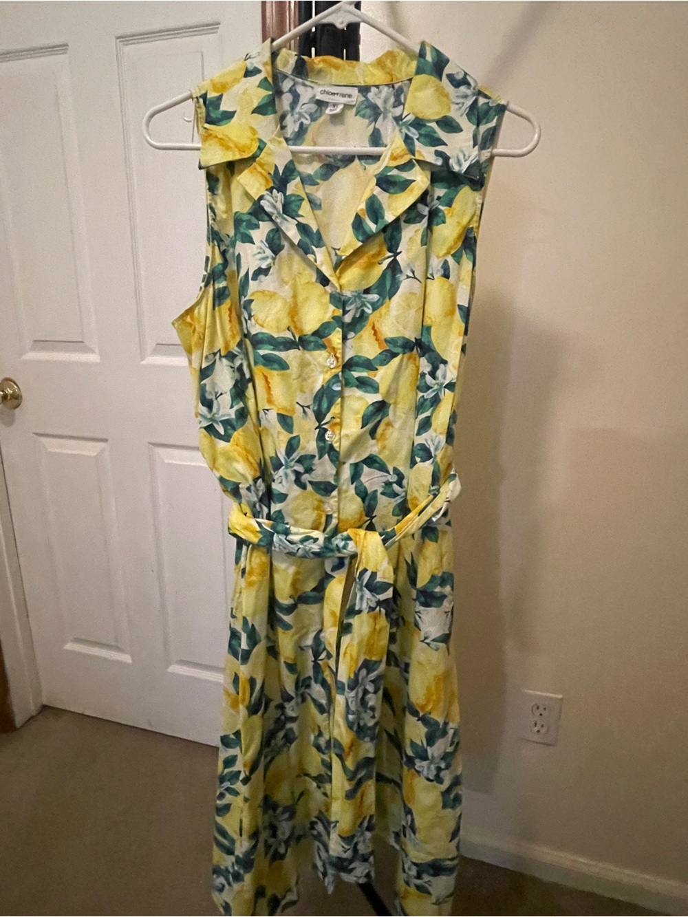 Sleeveless Lemon-Print Midi Shirt Dress with Tie Waist